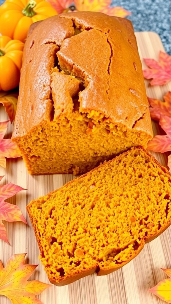 A loaf of golden brown pumpkin bread on a wooden board with autumn decorations.